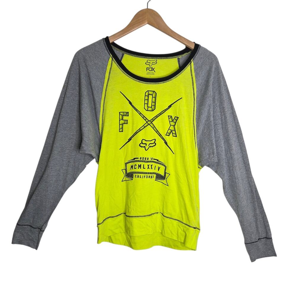 Fox Racing Mens Raglan Sleeve Spell Out‎ Neon Green T-Shirt SZ L Motocross Y2K
